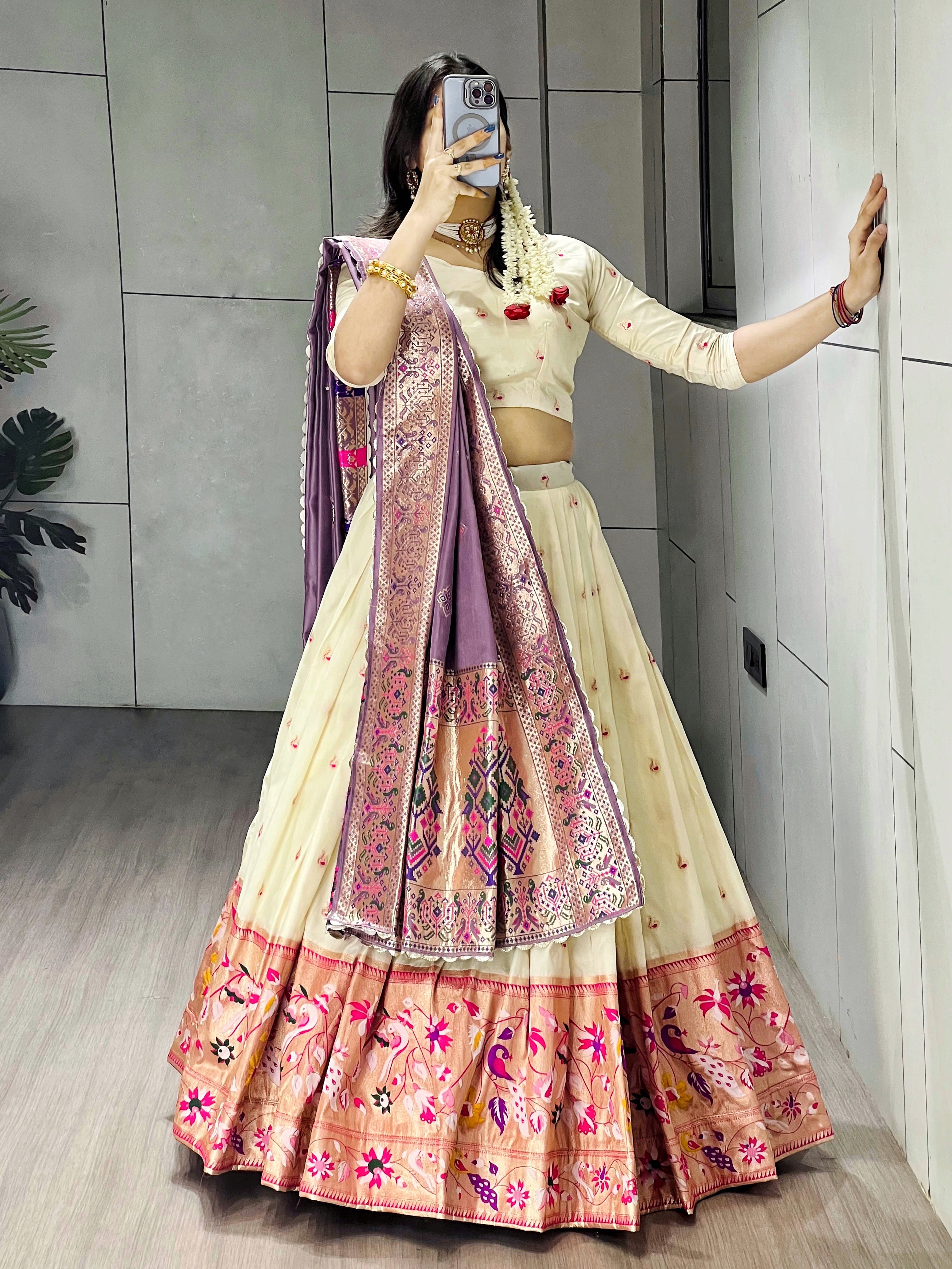 Elegant Cream Paithani Silk Lehenga Set with Dupatta
