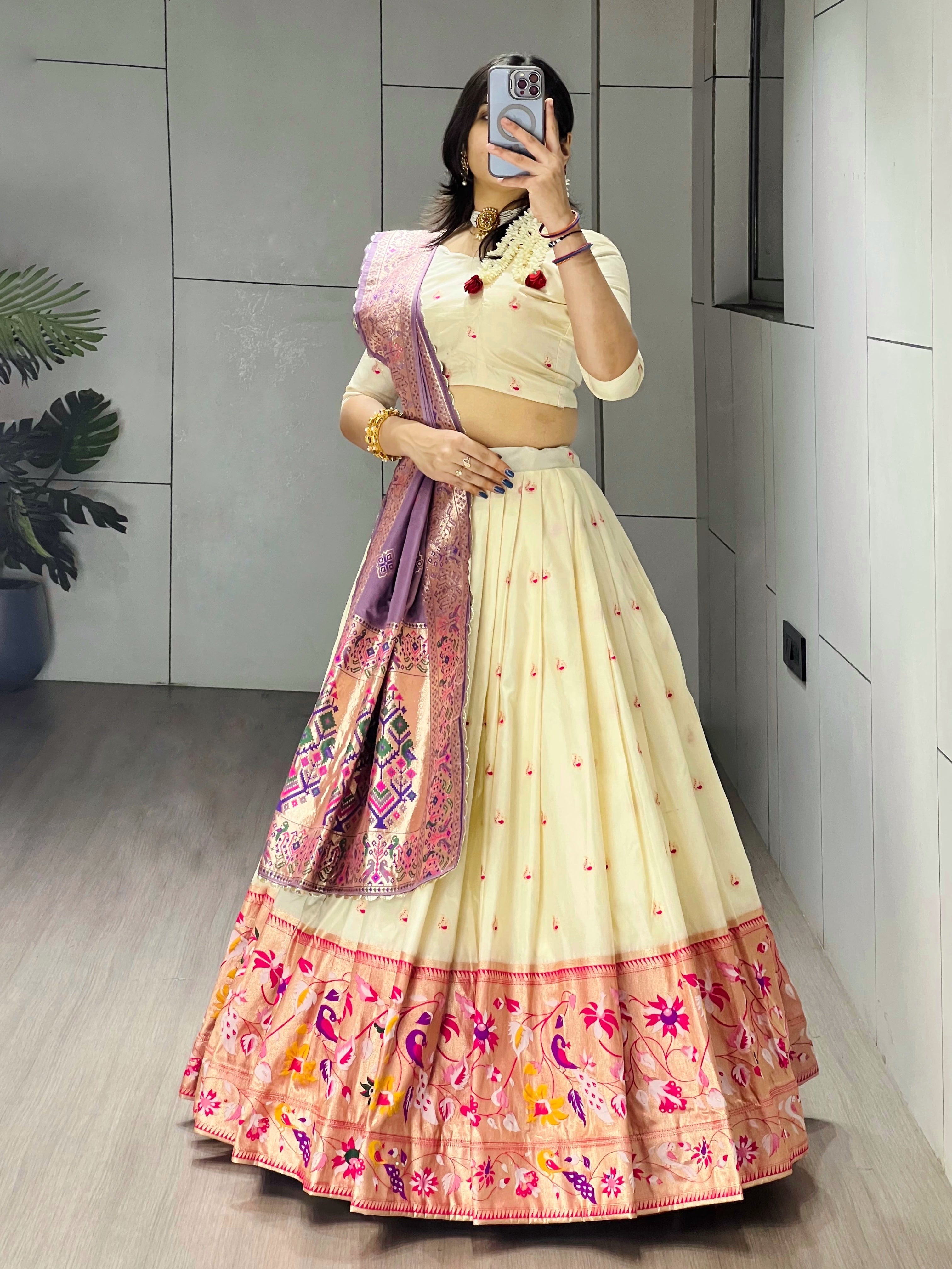 Elegant Cream Paithani Silk Lehenga Set with Dupatta