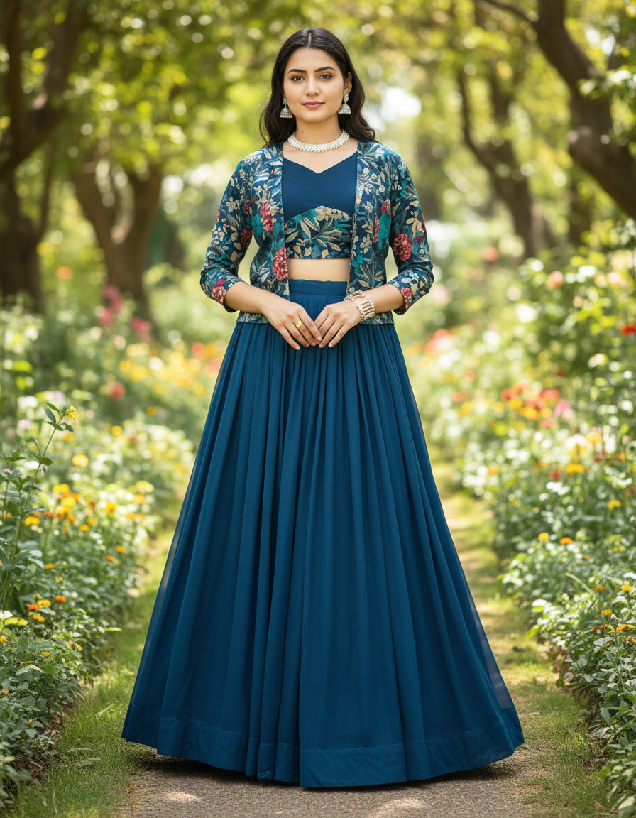 Designer Lehenga Set with Floral Print Jacket