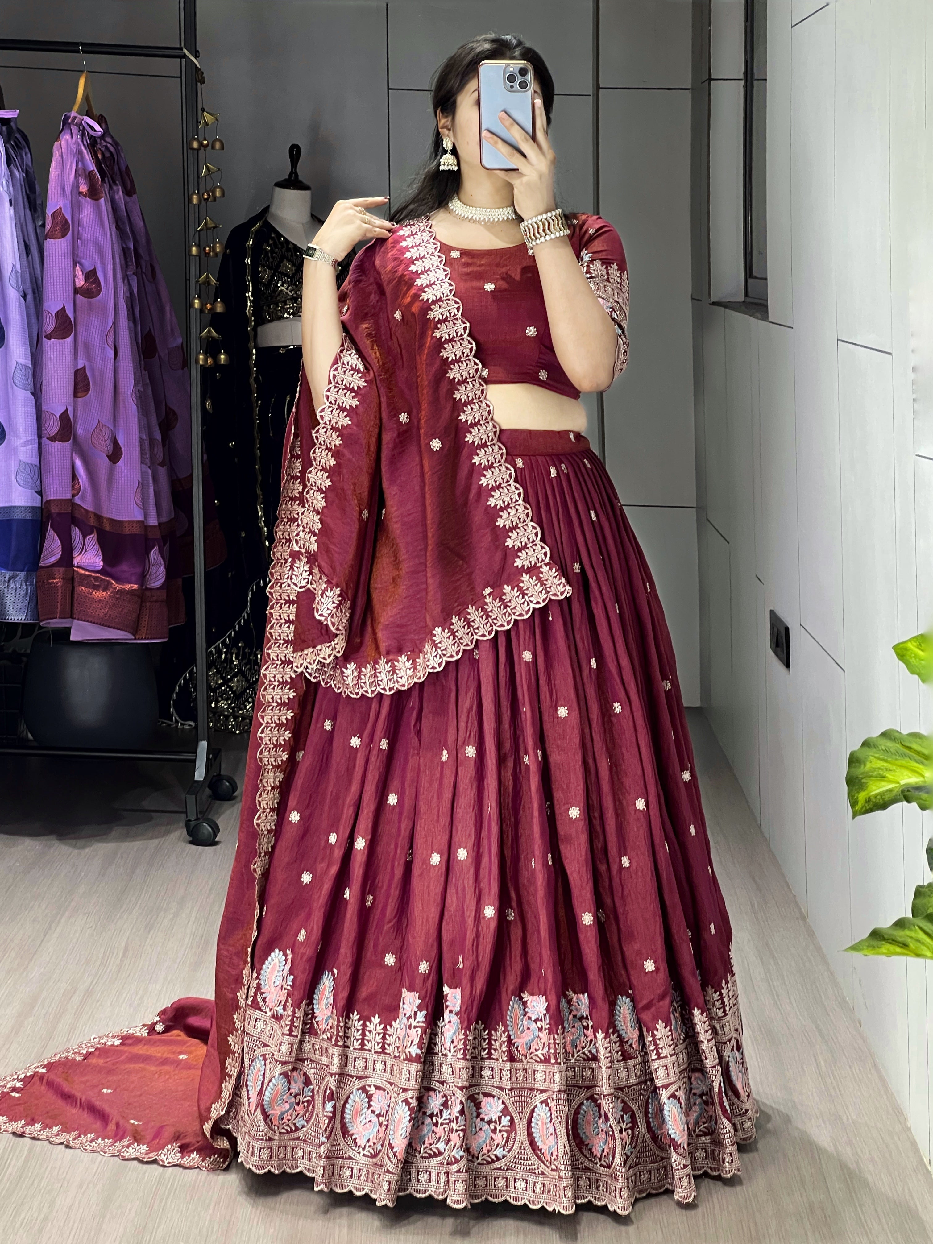 Burgandy Color Vichitraa Thread Embroidery Work Lehenga Choli