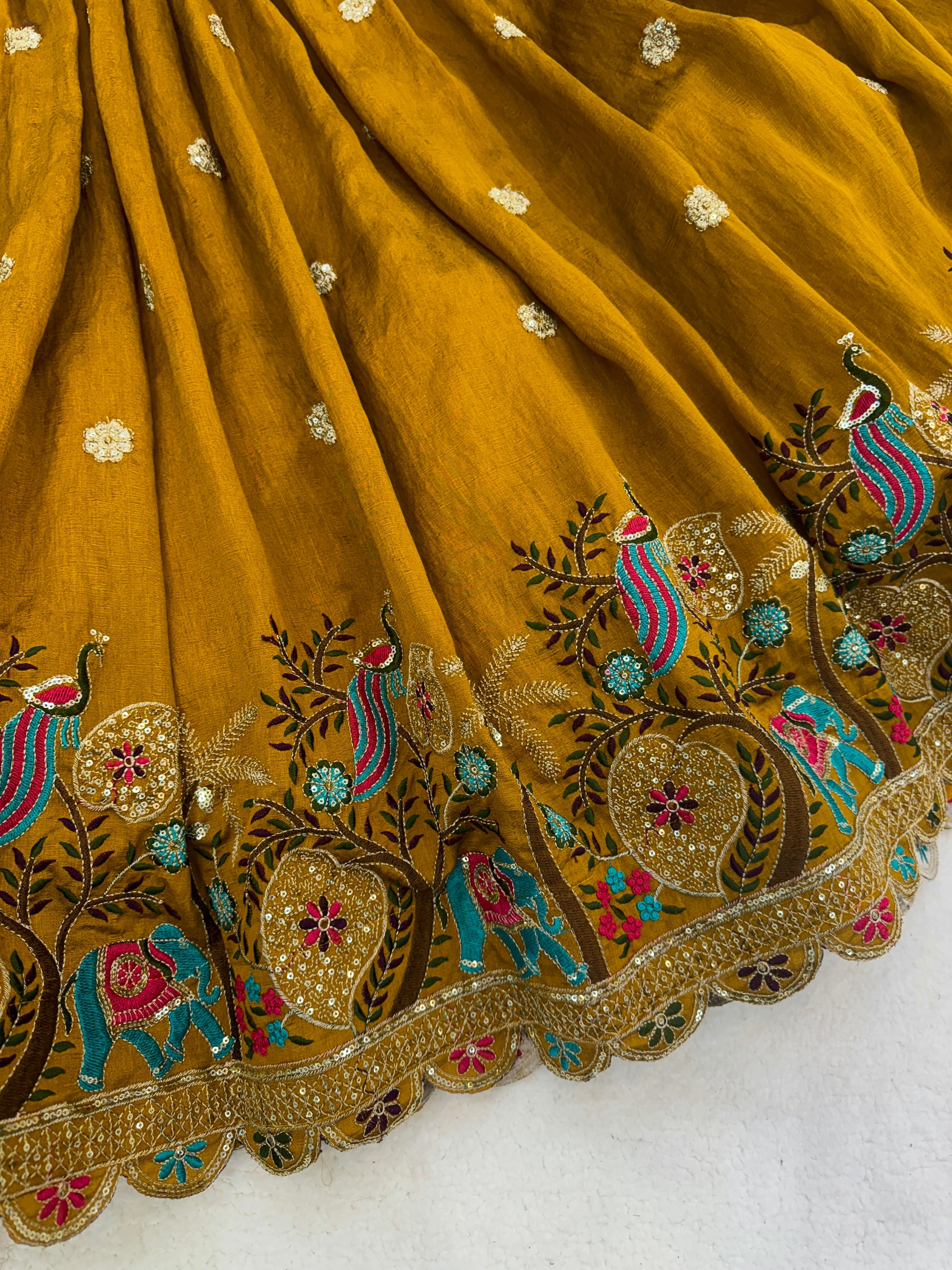 Designer Musturd Heavy Embroidery Lehenga With Fully Stitched Blouse