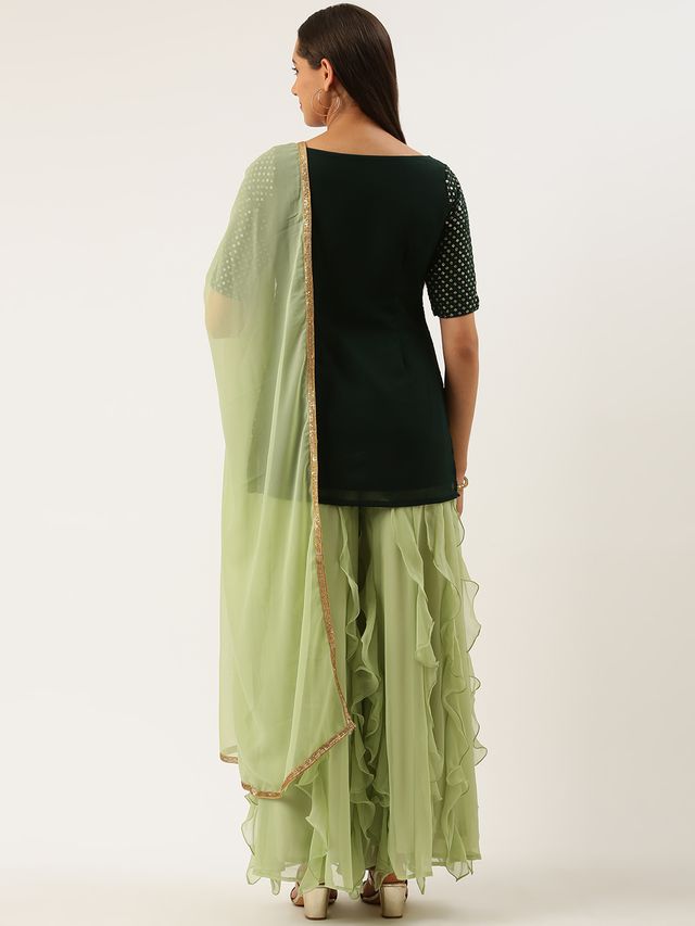Bollywood Vogue Ready To Wear Green Cascade Ruffled Gharara Suit Set