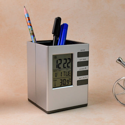 Multifunction Cube Digital Desk Clock With Pen Holder (1 Pc)