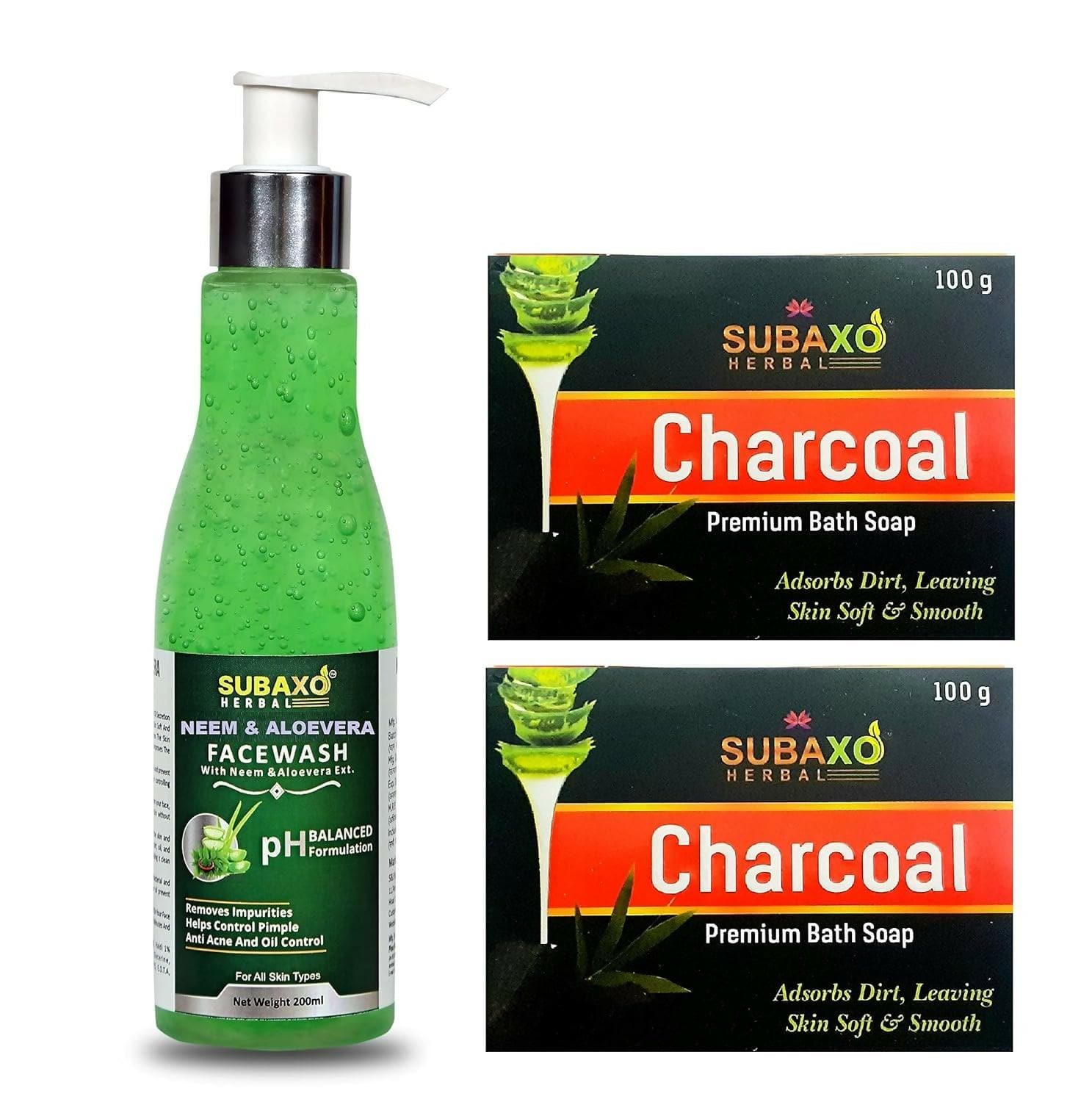 SUBAXO Charcoal Bath Soap (100 g Each, Pack Of 2) and Neem AloeVera Face Wash (200ml) Combo - HalfPe