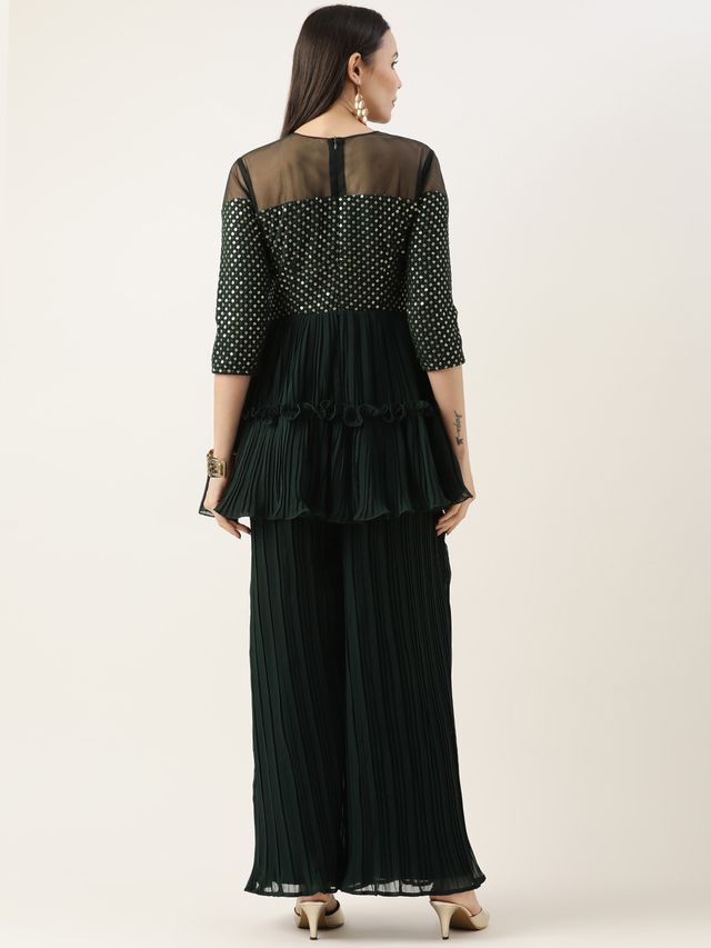 Bollywood Vogue Ready To Wear Green Georgette Sequins Wide Leg Pant Set