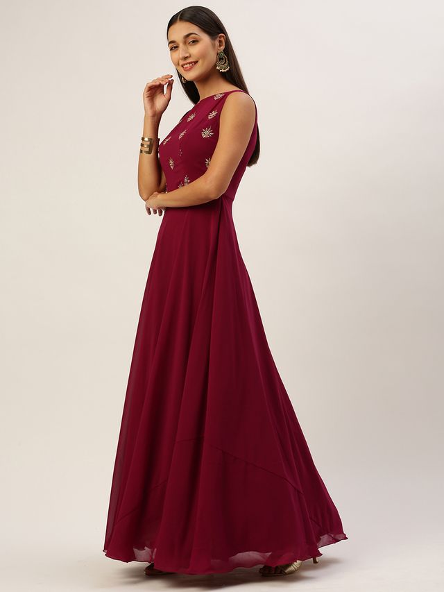 Bollywood Vogue Ready To Wear Magenta Georgette Embroidered Boat Neck Gown