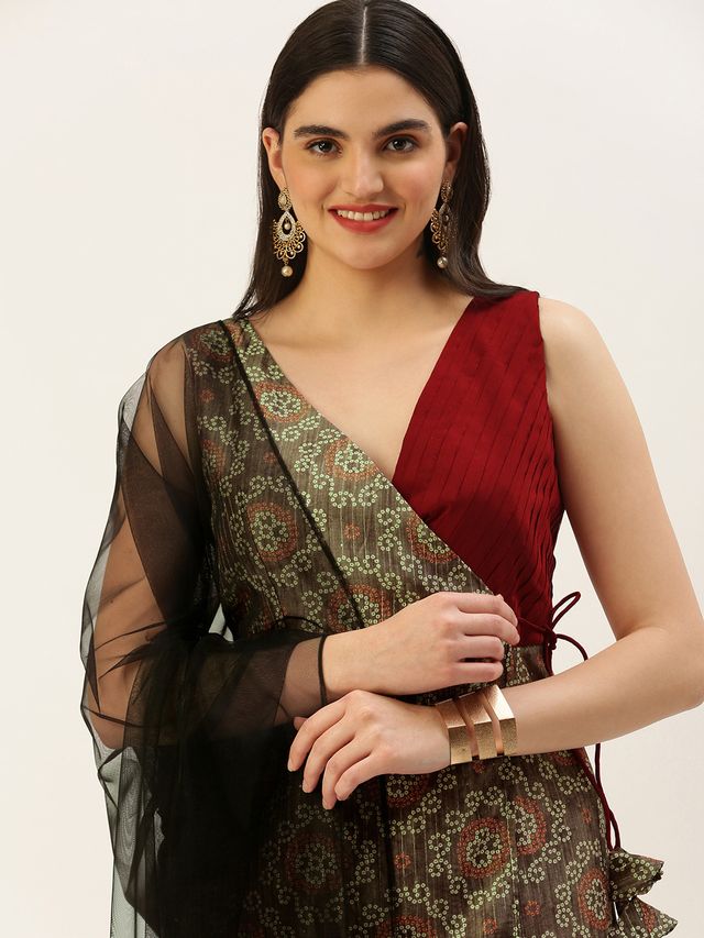 Bollywood Vogue Ready To Wear Maroon N Grey Printed Art Silk Anarkali Set