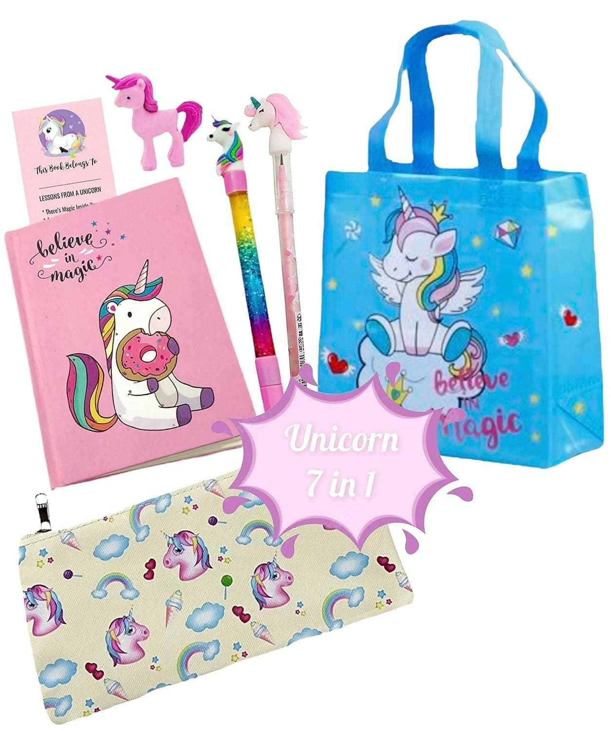 Unicorn Theme Carry Bag , Diary Notebook , Water Glitter Pen , Pencil,Eraser, Bookmark , & Stationary Pouch - HalfPe