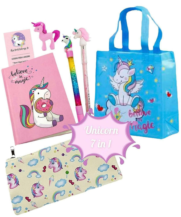 Unicorn Theme Carry Bag , Diary Notebook , Water Glitter Pen , Pencil,Eraser, Bookmark , & Stationary Pouch - HalfPe