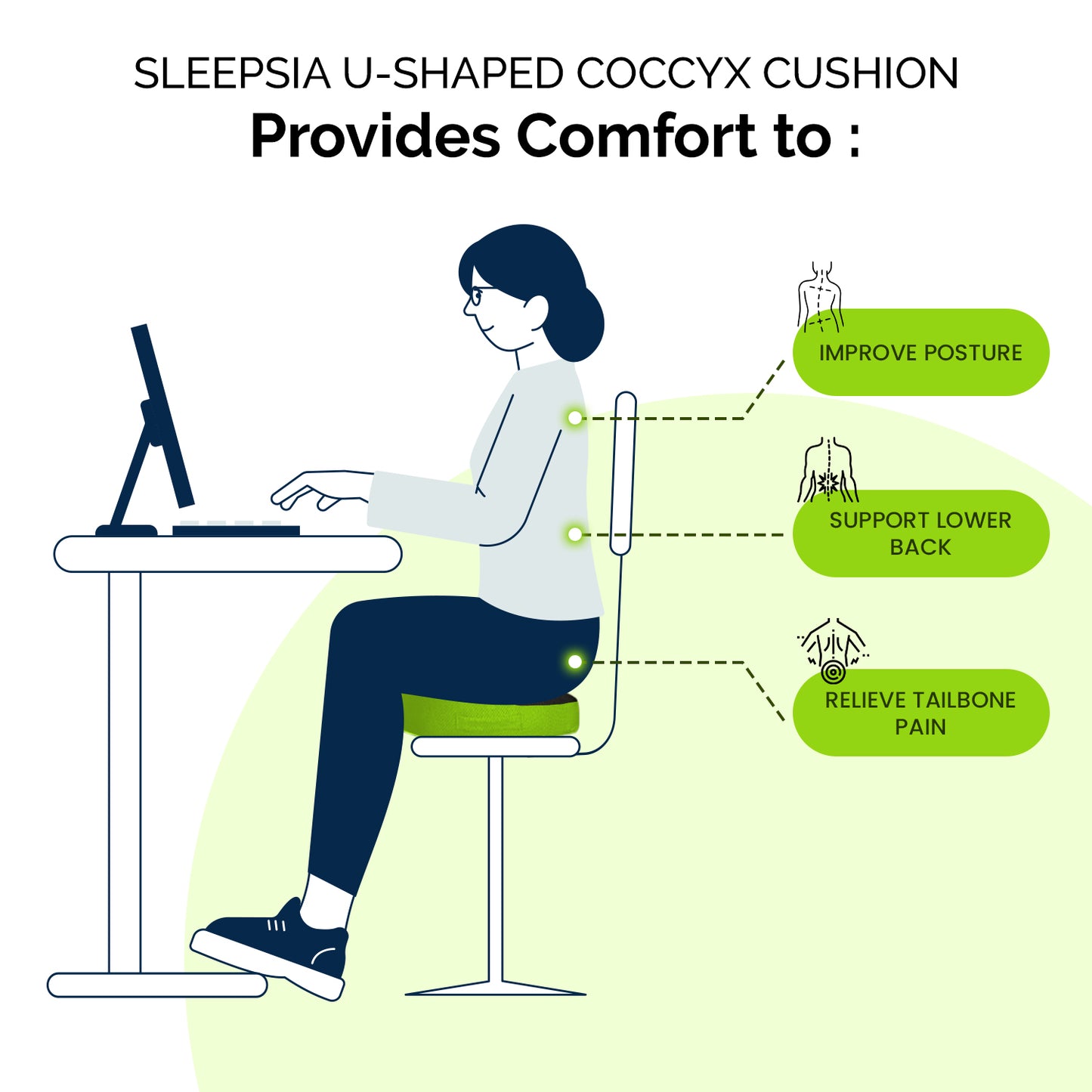 Sleepsia Orthopedic Coccyx U-Shape Seat Cushion Pillow for Tailbone Pain Relief (Black/Green)