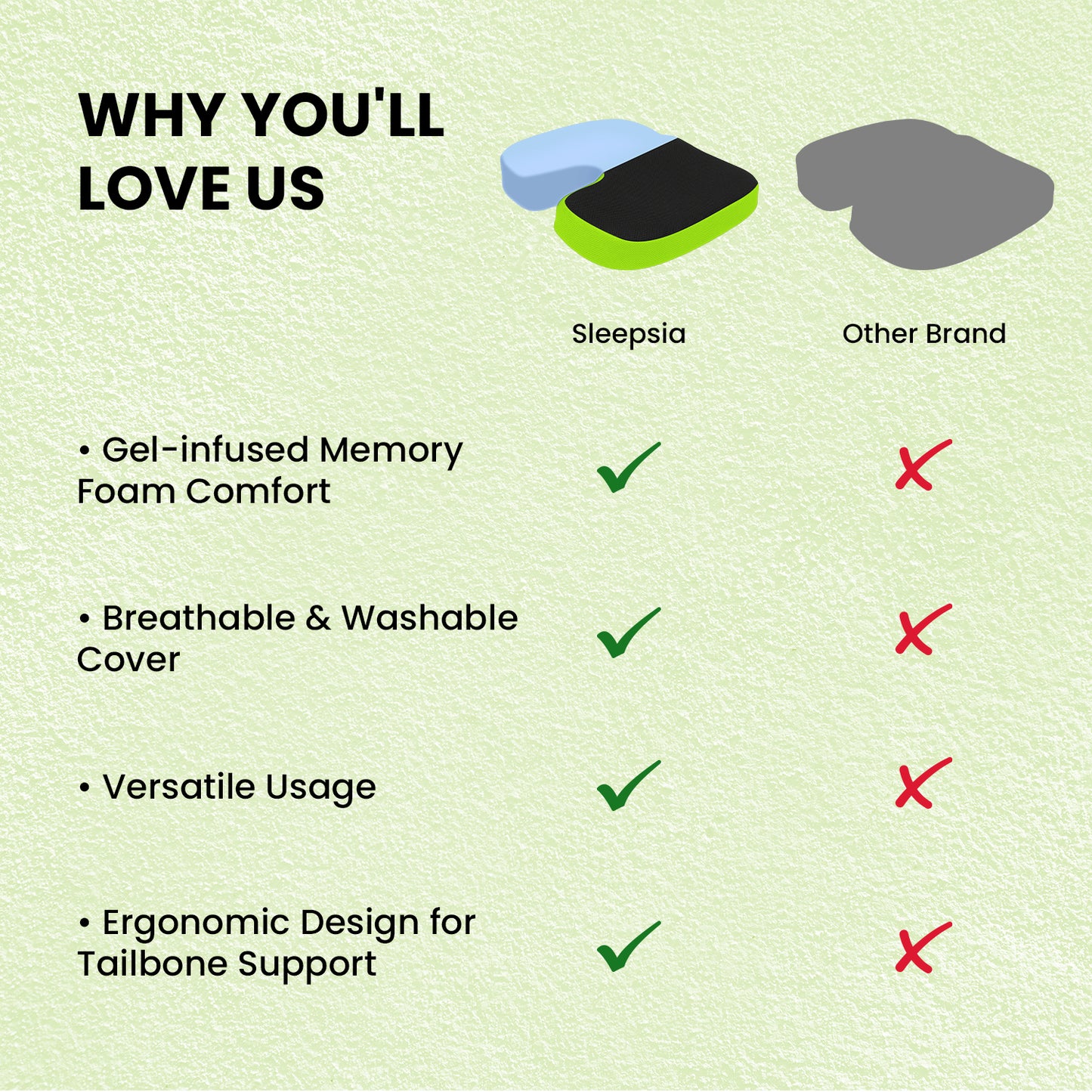 Sleepsia Orthopedic Coccyx U-Shape Seat Cushion Pillow for Tailbone Pain Relief (Black/Green)