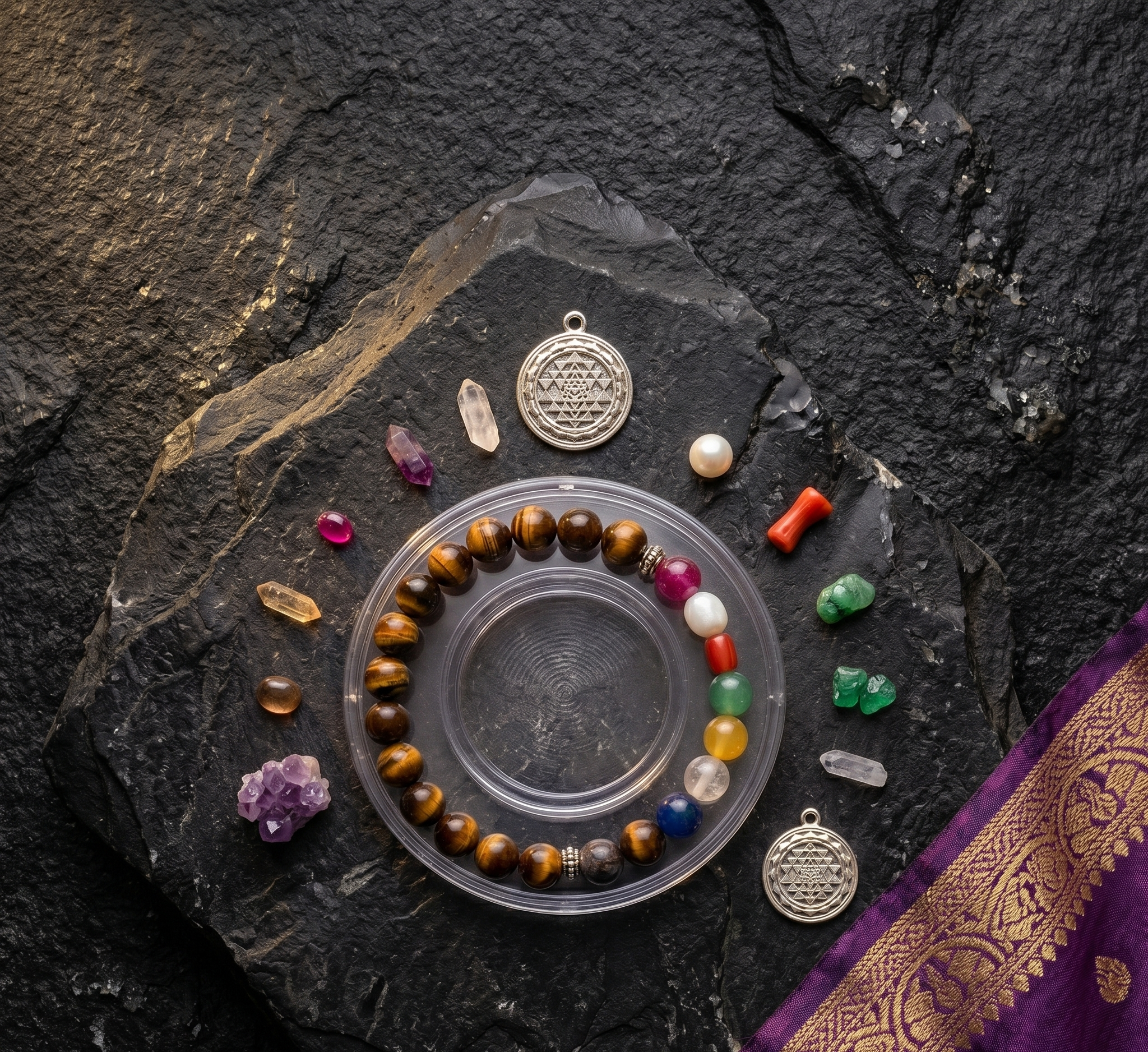 Navratna Bracelet with Tiger’s Eye Stone – 9 Gemstone Energy Bracelet for Luck, Protection & Confidence (Unisex)