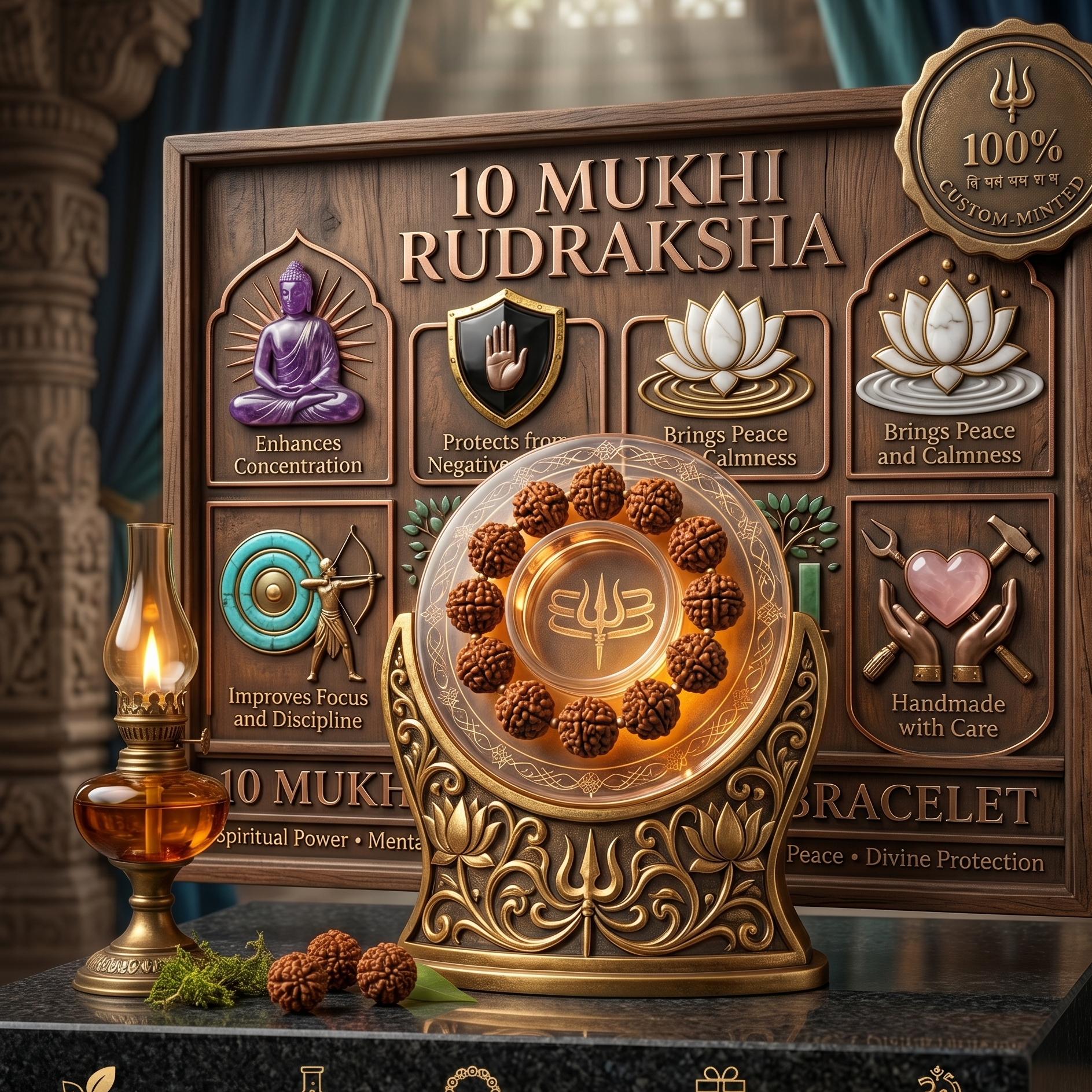 10 Mukhi Rudraksha Bracelet – Sacred Vishnu Bead Spiritual Protection Wrist Mala