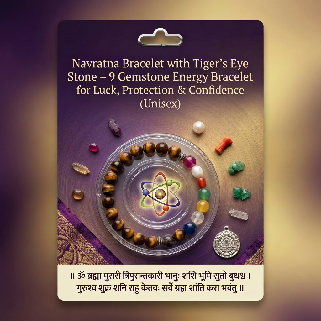 Navratna Bracelet with Tiger’s Eye Stone – 9 Gemstone Energy Bracelet for Luck, Protection & Confidence (Unisex)