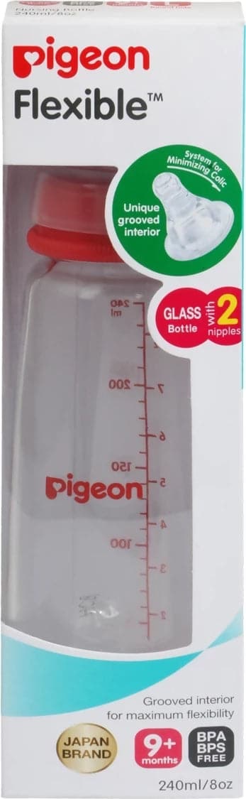 Pigeon Glass Feeding Bottle 240ml Red With Add Nipple Large - HalfPe