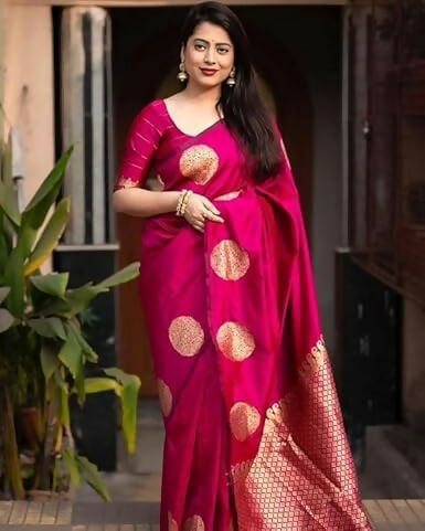 AXONIT Traditional Banarasi Silk Saree with Golden Zari Border & Pallu