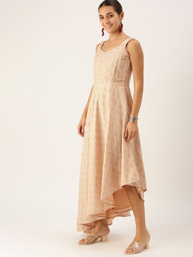 Bollywood Vogue Ready To Wear Pink Rayon High N Low Pleated Yoke Dress