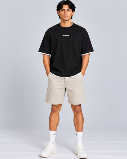 HUSTLE Essentials Men's Crew Neck Oversized T-Shirt – Black(Oversized fit)