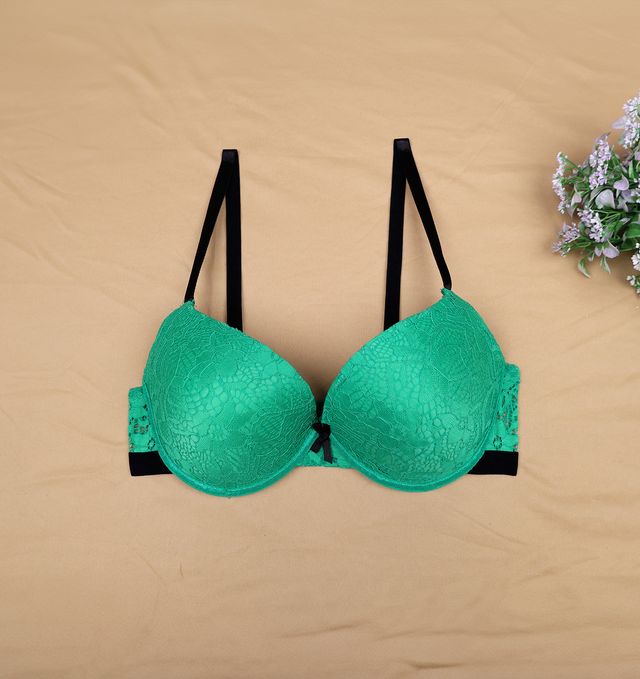 Susie Half Coverage Green Lace Black Strap Padded Adjustable, Non Detacahable wired Plunge Bra