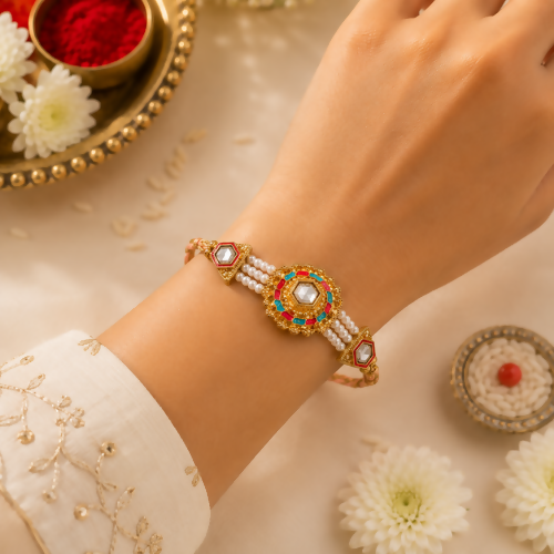 Meenakari Floral Centerpiece with Kundan Accents and Multi-Strand Pearl Beads- Set of 2