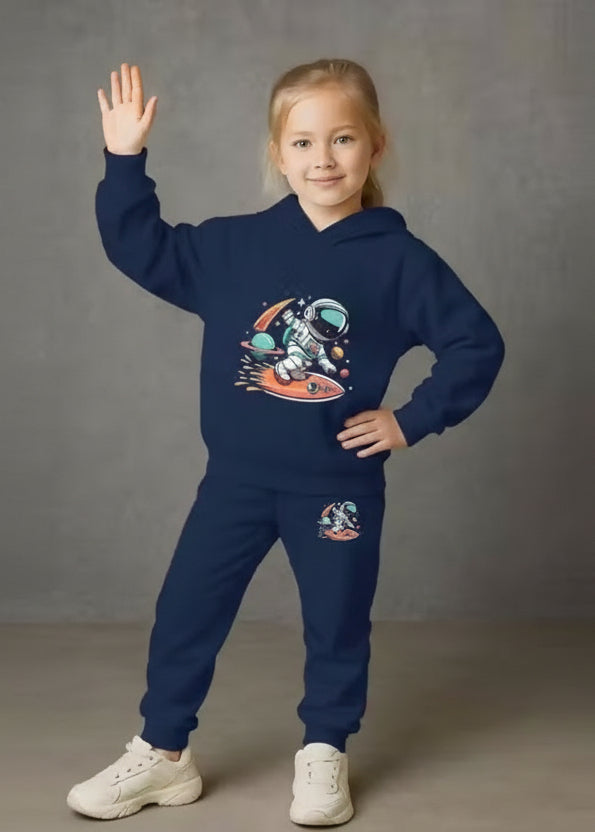 Kids Hooded Sweatshirt & Jogger Set – Astronaut Space Surf Print Casual Wear (Blue) Luck Fashion