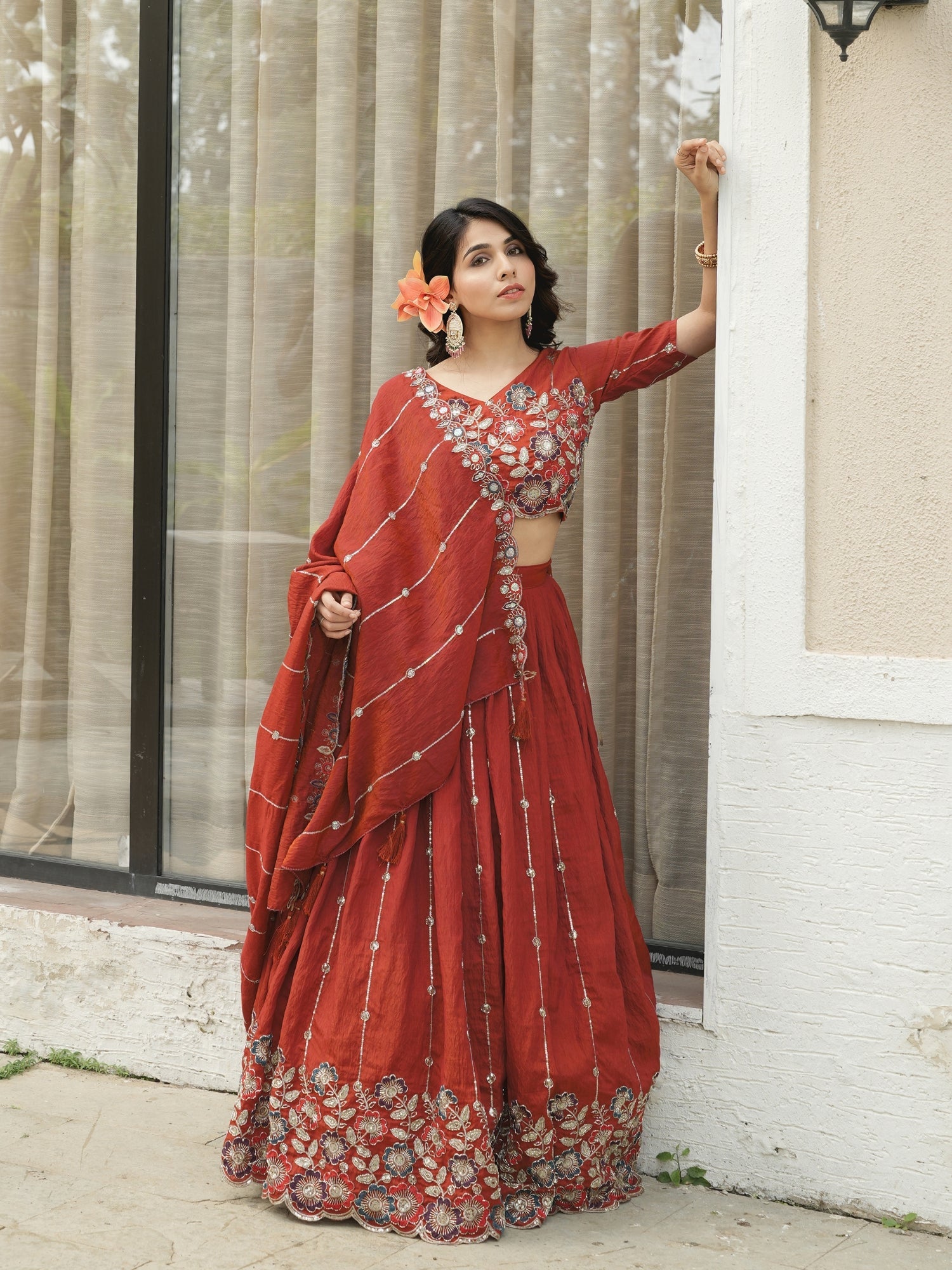 Rust Orange Embroidery Pipe Bead With Traditional Work Lehenga