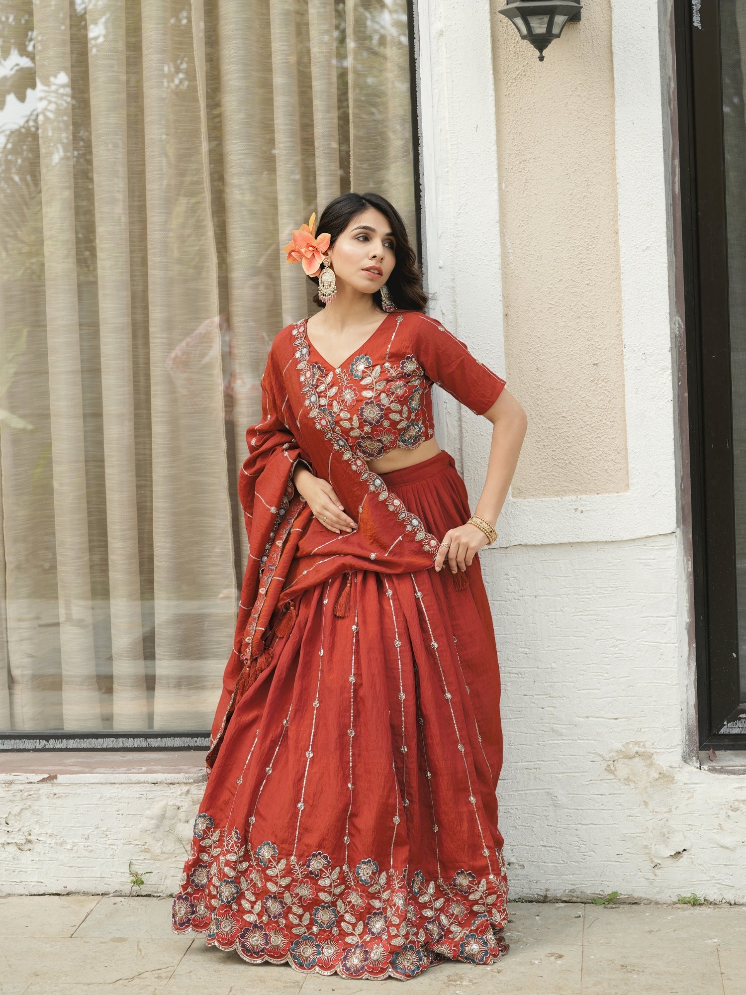 Rust Orange Embroidery Pipe Bead With Traditional Work Lehenga
