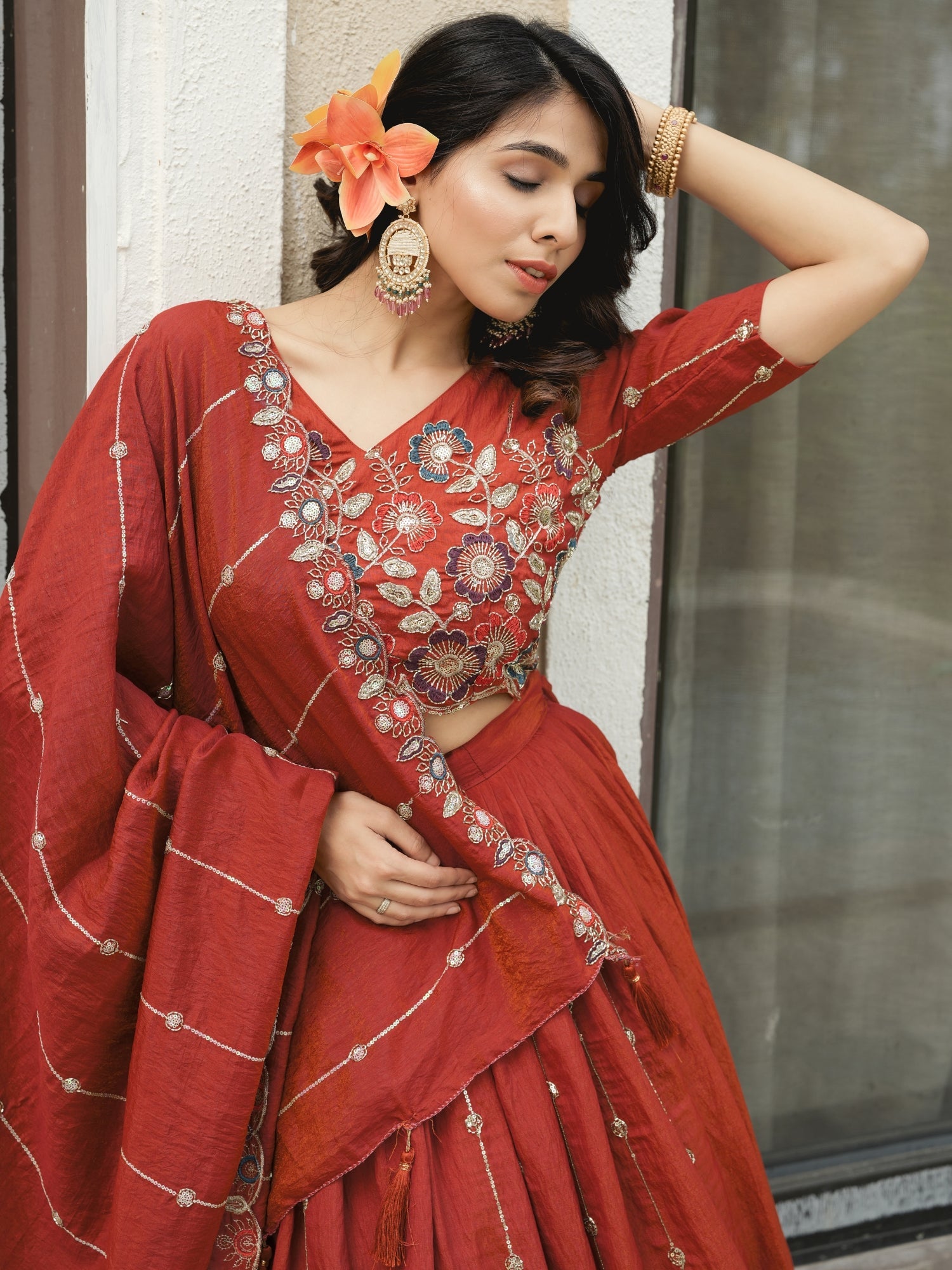 Rust Orange Embroidery Pipe Bead With Traditional Work Lehenga