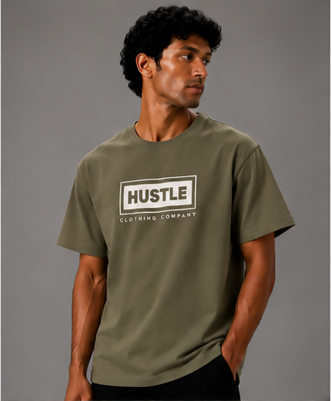 HUSTLE Essentials Men's Crew Neck Oversized T-Shirt – Olive Green