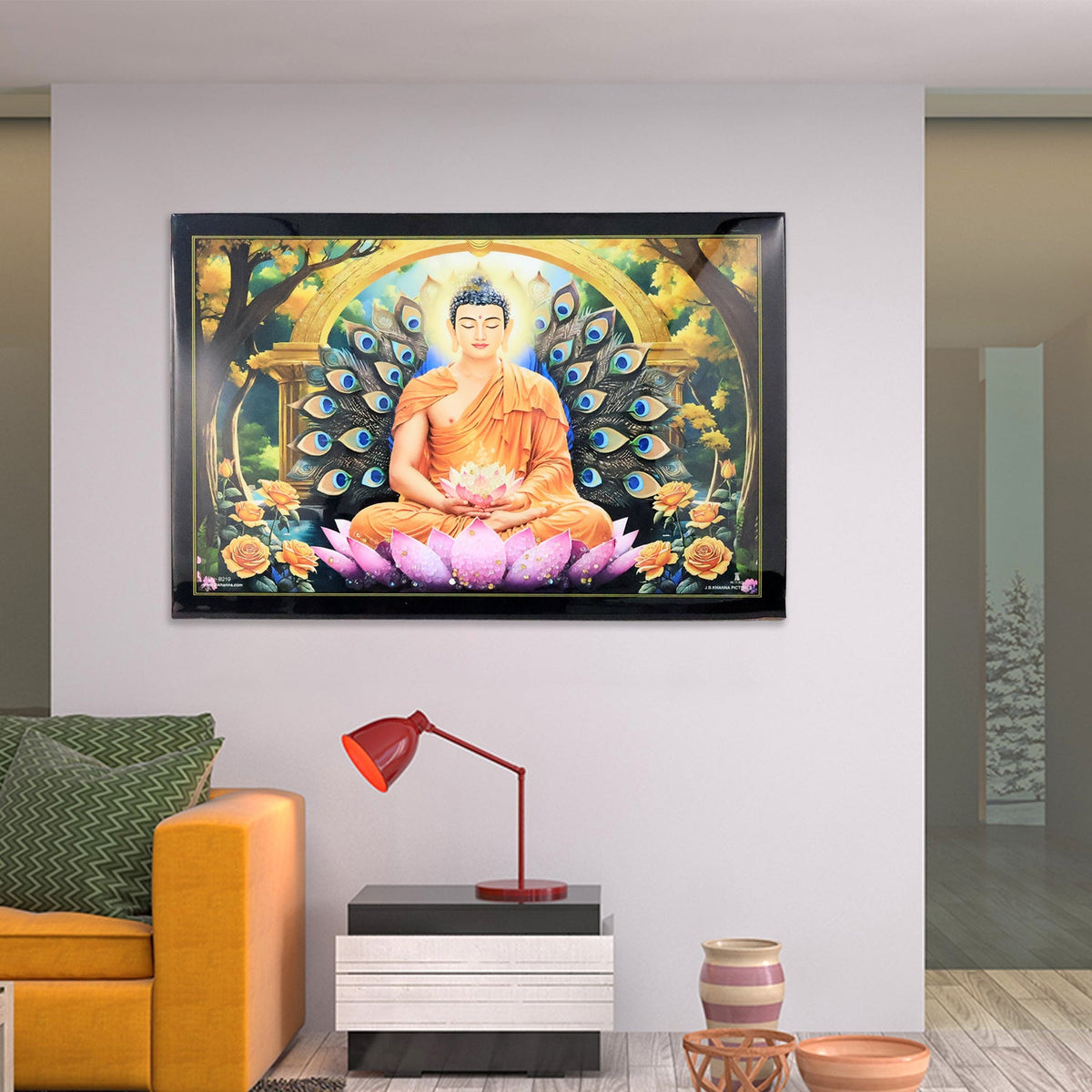 Decorative Lord Buddha Wall Painting With Wooden Frame Mix Design 45x30 Cm Approx (1 Pc) HP DD