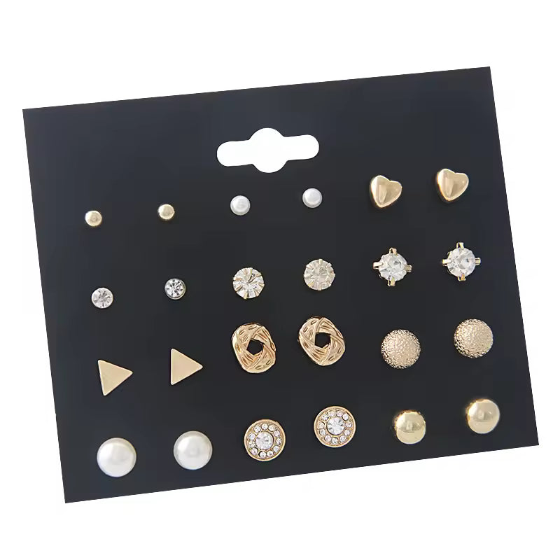 All Things Silver Diamond Triangle Heart Inlaid 12 Pairs Stud Earrings