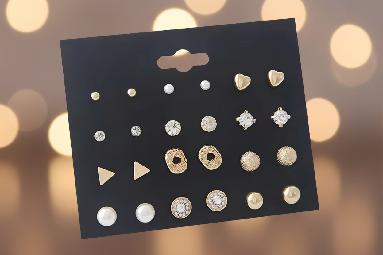 All Things Silver Diamond Triangle Heart Inlaid 12 Pairs Stud Earrings