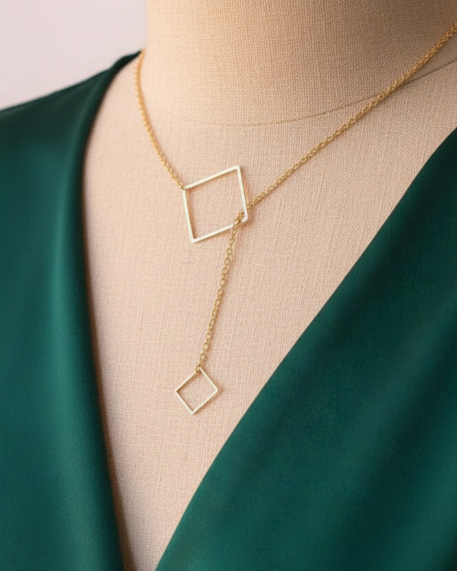 Elegant Gold-Tone Layered Necklace Set of 2 with Geometric Charms & Pearl Drop Pendant pinapes