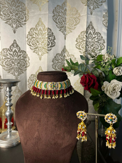 Chand gujarati choker with jhumka with multi-color beads