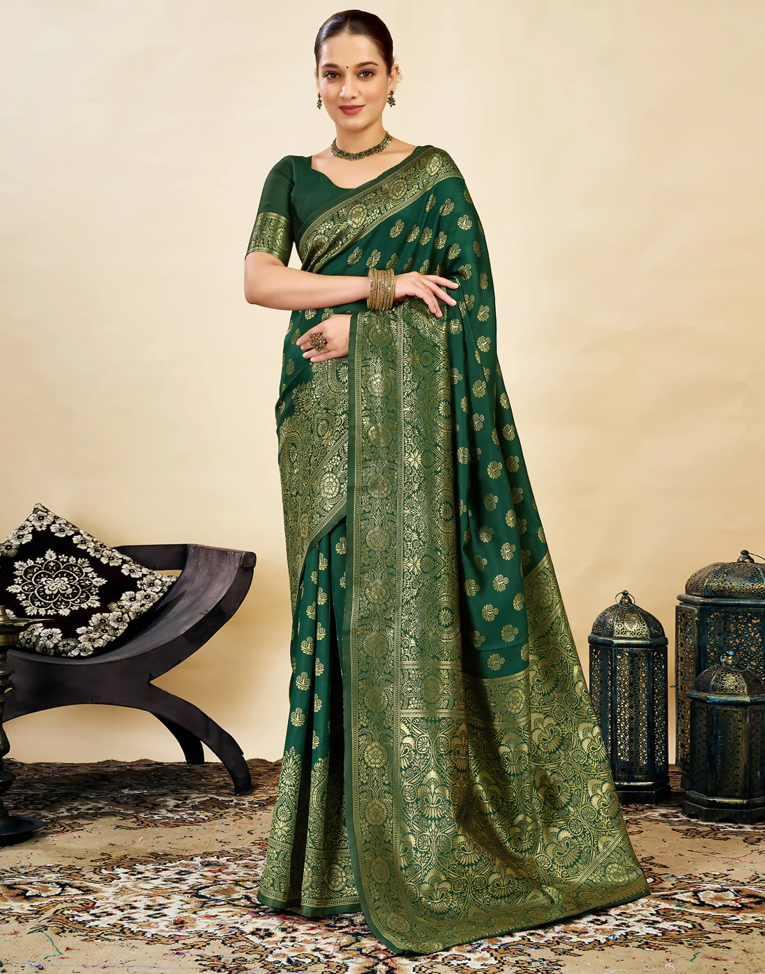 Royal Emerald Jacquard Saree with Golden Zari Work & Heavy Brocade Border