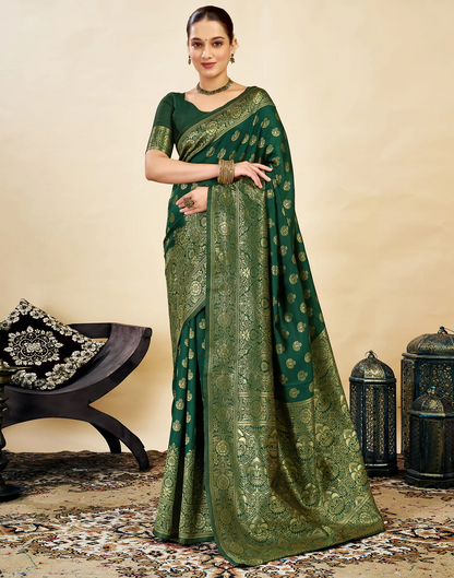 Royal Emerald Jacquard Saree with Golden Zari Work & Heavy Brocade Border