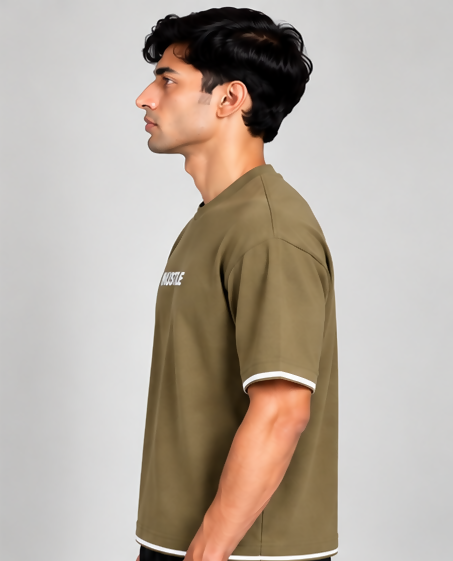 HUSTLE Men's Crew Neck Oversized Tees - Khaki
