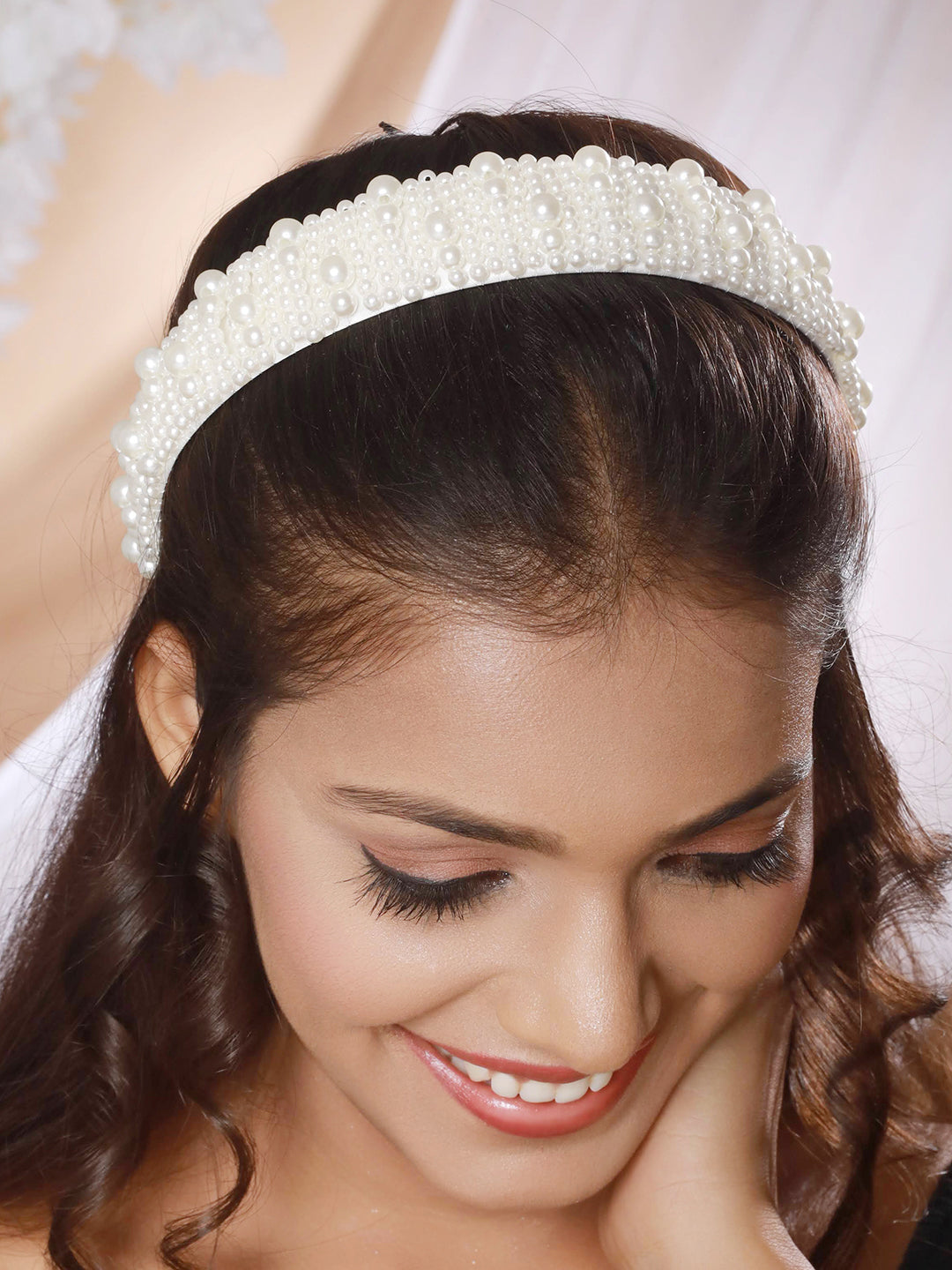 Gold-Toned & White Pearl Beaded Embellished Hairband