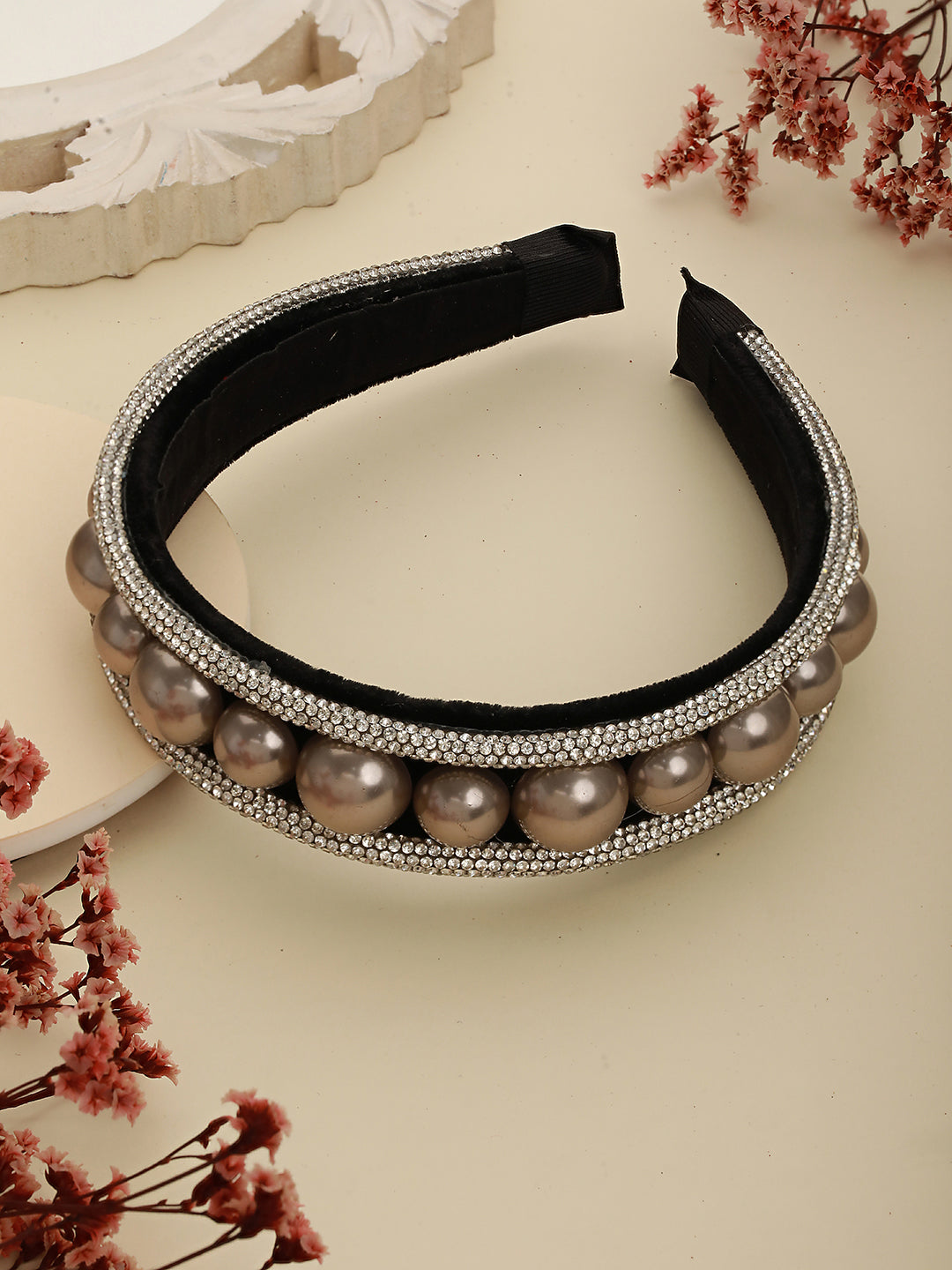 Black-Toned Metallic & Cz Studded Embellished Hairband