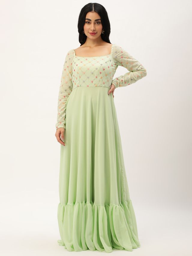 Bollywood Vogue Ready To Wear Green Georgette  Embroidery Gown