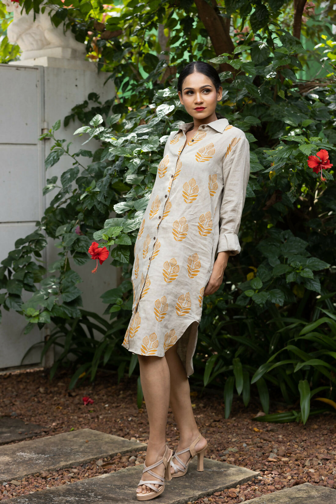 Maple Comfortable Linen Hand Printed Mustard Shirt Dress With Full Sleeves Studio Sienna