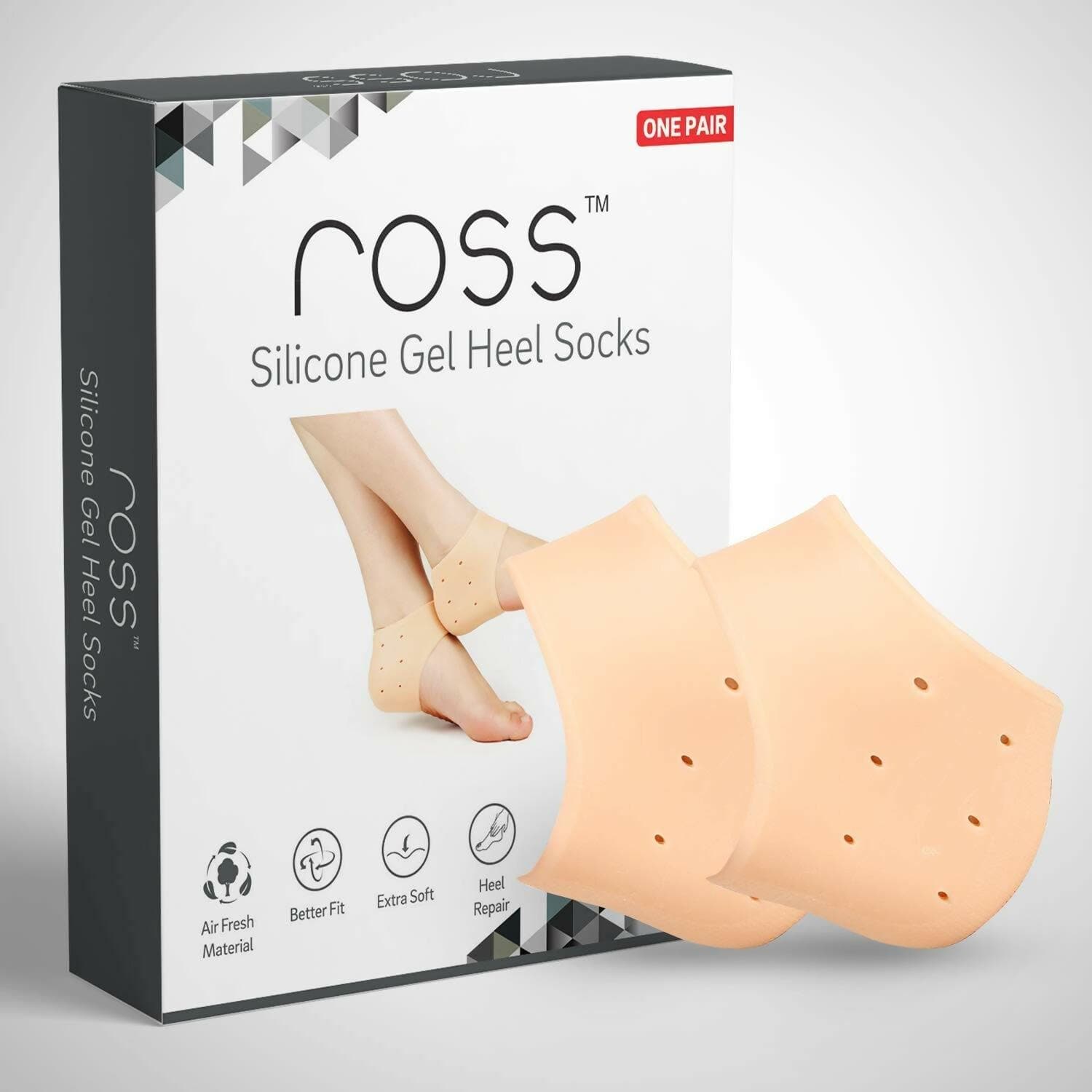 Ross Silicone Gel Heel Pad Socks for Pain Relief - 1 Pair (Beige, Free Size) - HalfPe