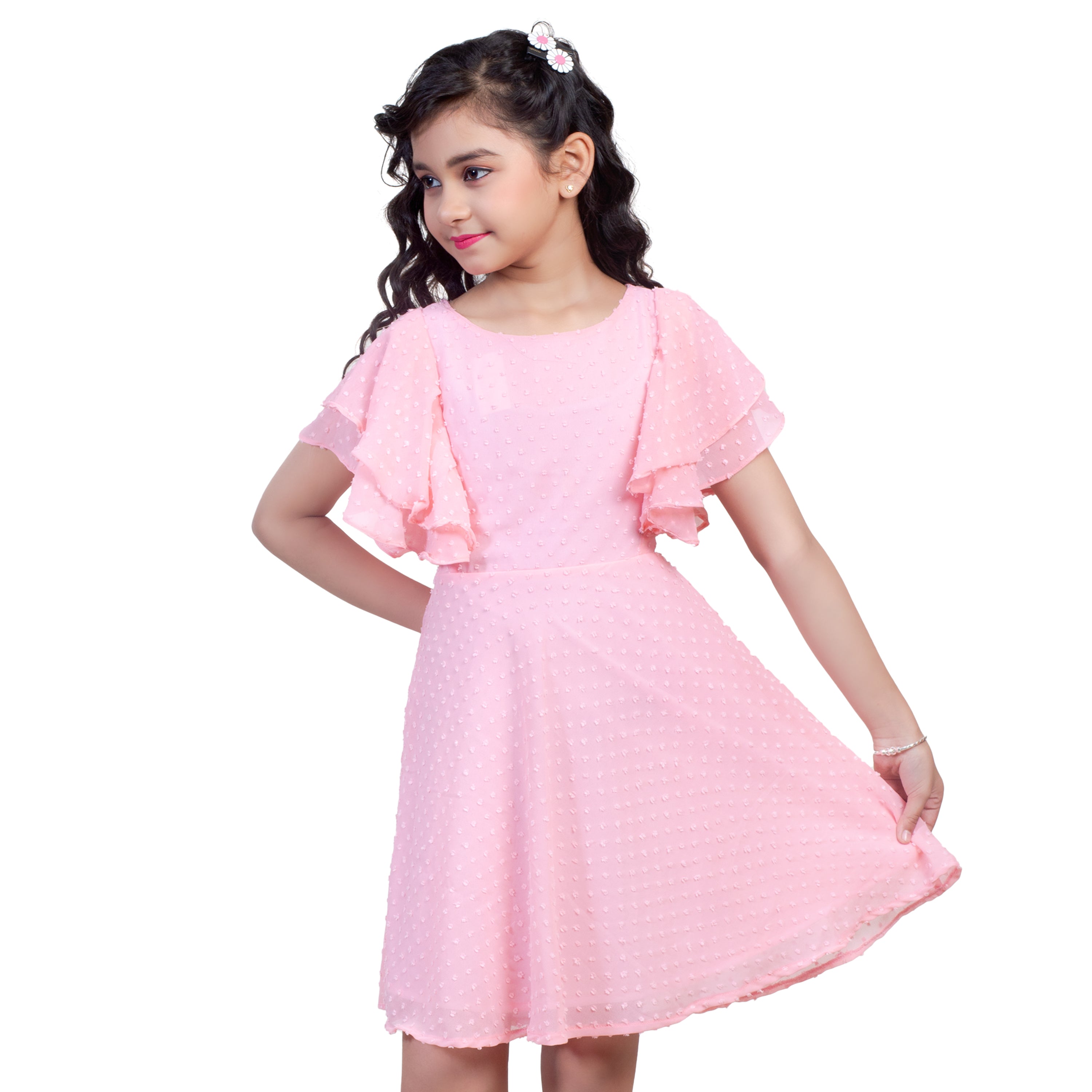 Girls Self Design Round Neck Fit Flare Dress Moozoo Fashions