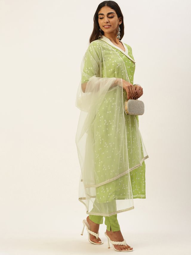 Bollywood Vogue Ready To Wear Green Cotton Foil Printed Narrow Straight Pant Suit