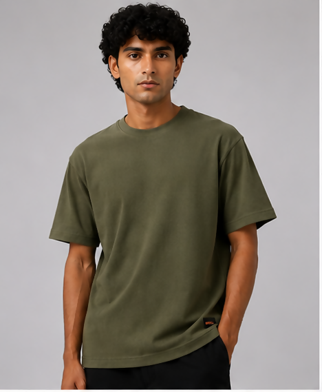 HUSTLE Men's Crew Neck Oversized T-Shirt – Olive Green