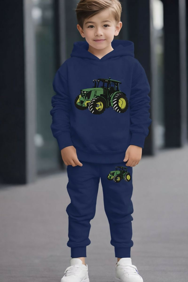 Kids Navy Blue Hoodie and Joggers Set with Tractor Graphic Luck Fashion