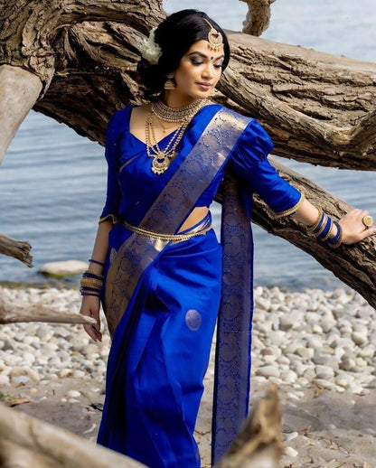 AXONIT Classic Royal Blue Banarasi Silk Saree with Silver Zari Border