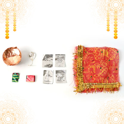 Mini Kalash Pooja Set – Decorative Copper-Style Kalash with Cloth Cover, Foil Deity/Yantra Tokens Navratna Pieces (1 Set)