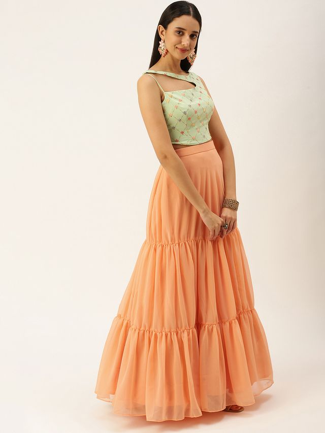 Bollywood Vogue Ready To Wear Green Embroidered N Peach Lehenga