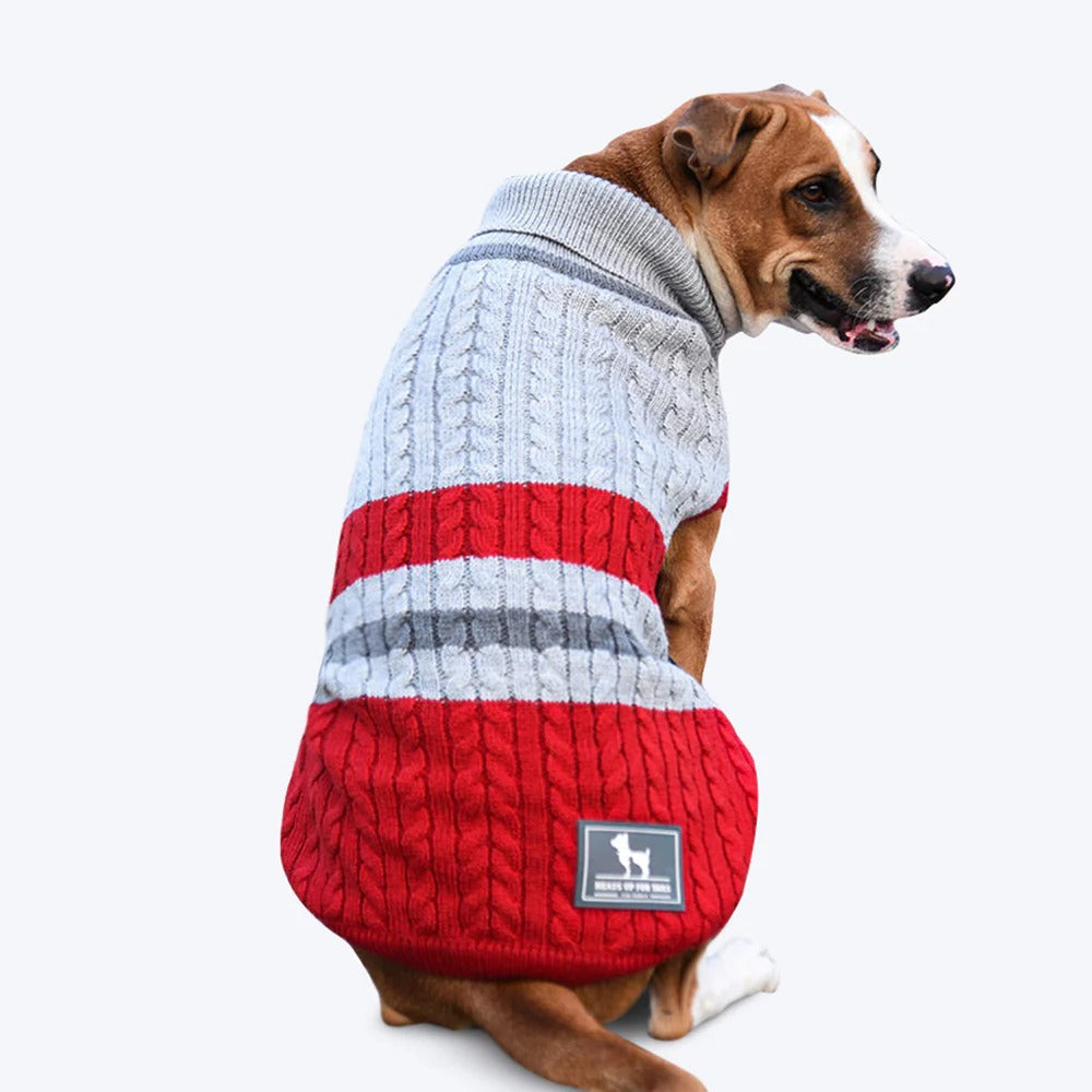HUFT Striped Cable Knit Dog Sweater - Grey/Red - Heads Up For Tails